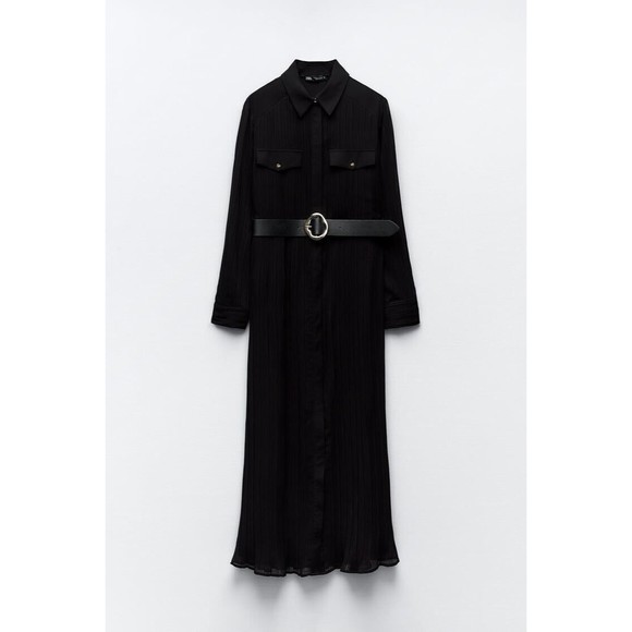 ZARA Women’s Dress Long Sleeve Black Pleated Belted Midi Dress L NEW - Picture 11 of 11